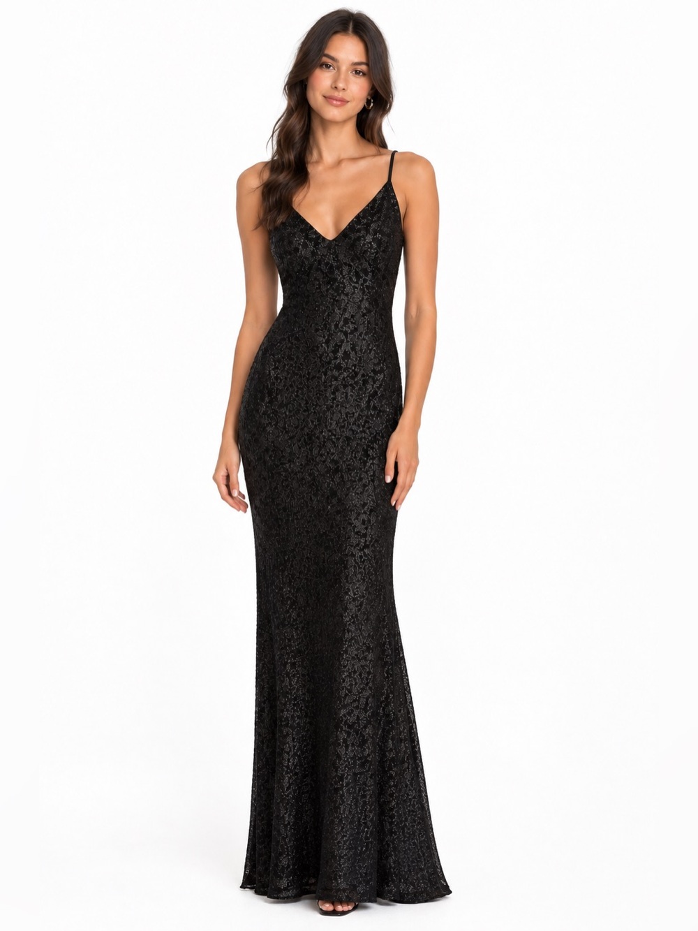 Dress the Population Black Sequin Gown - Slim V-Neck Maxi M